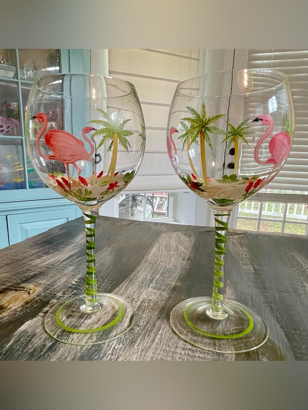 Set of 2 Hand-Painted Flamingo Wine Glasses Tropical Palm Tree Coastal Barware